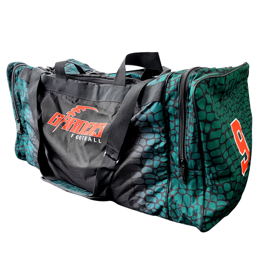 Custom football duffle bag with gator skin sublimated design.