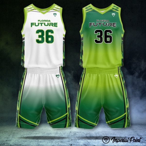 Product image of the home and game versions of a custom sublimated basketball uniform from Imperial Point with the words "Florida Future" and the number "36" on the front of both shirts.