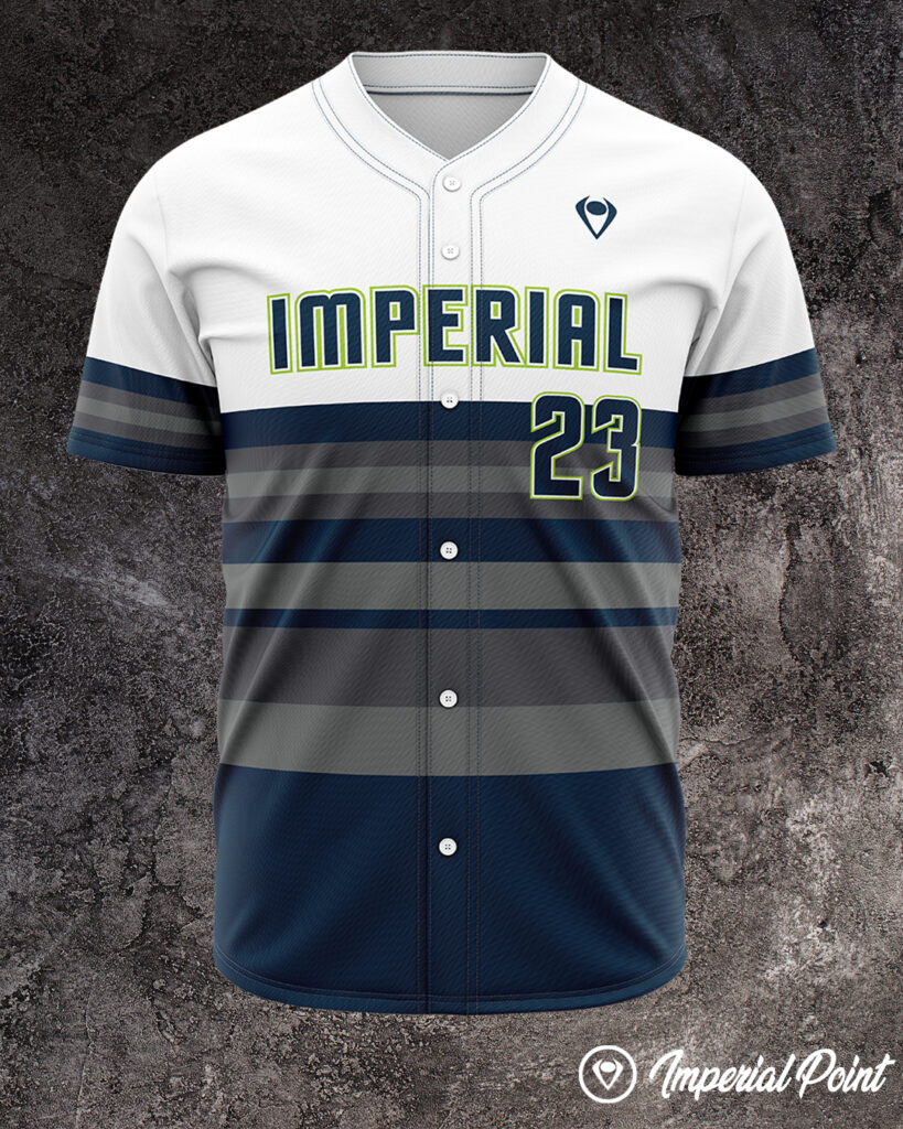 A full-button Imperial Point baseball jersey with white to navy gradient stripes, lime green "IMPERIAL" lettering, and the number 23.