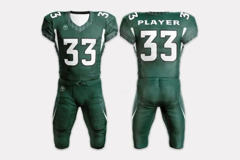 Front and back view of green sublimated football jersey with number 33.