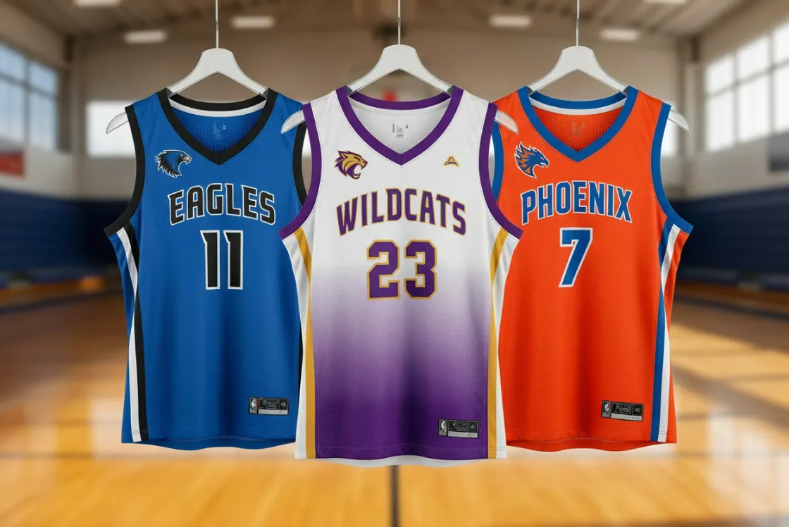 Three custom basketball jerseys in blue Eagles, white Wildcats, and orange Phoenix designs are displayed on hangers in a gymnasium.