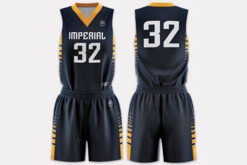 Front and back view of a custom navy and gold Imperial 7 on 7 flag football jersey and shorts.