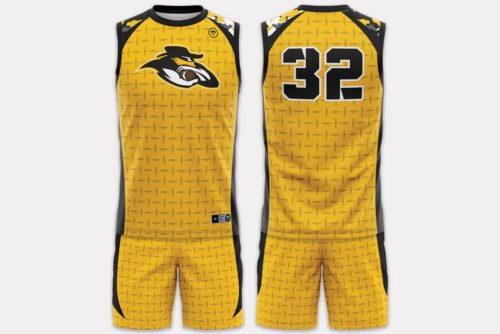 Front and back view of a custom yellow and black 7 on 7 flag football uniform with number 32.