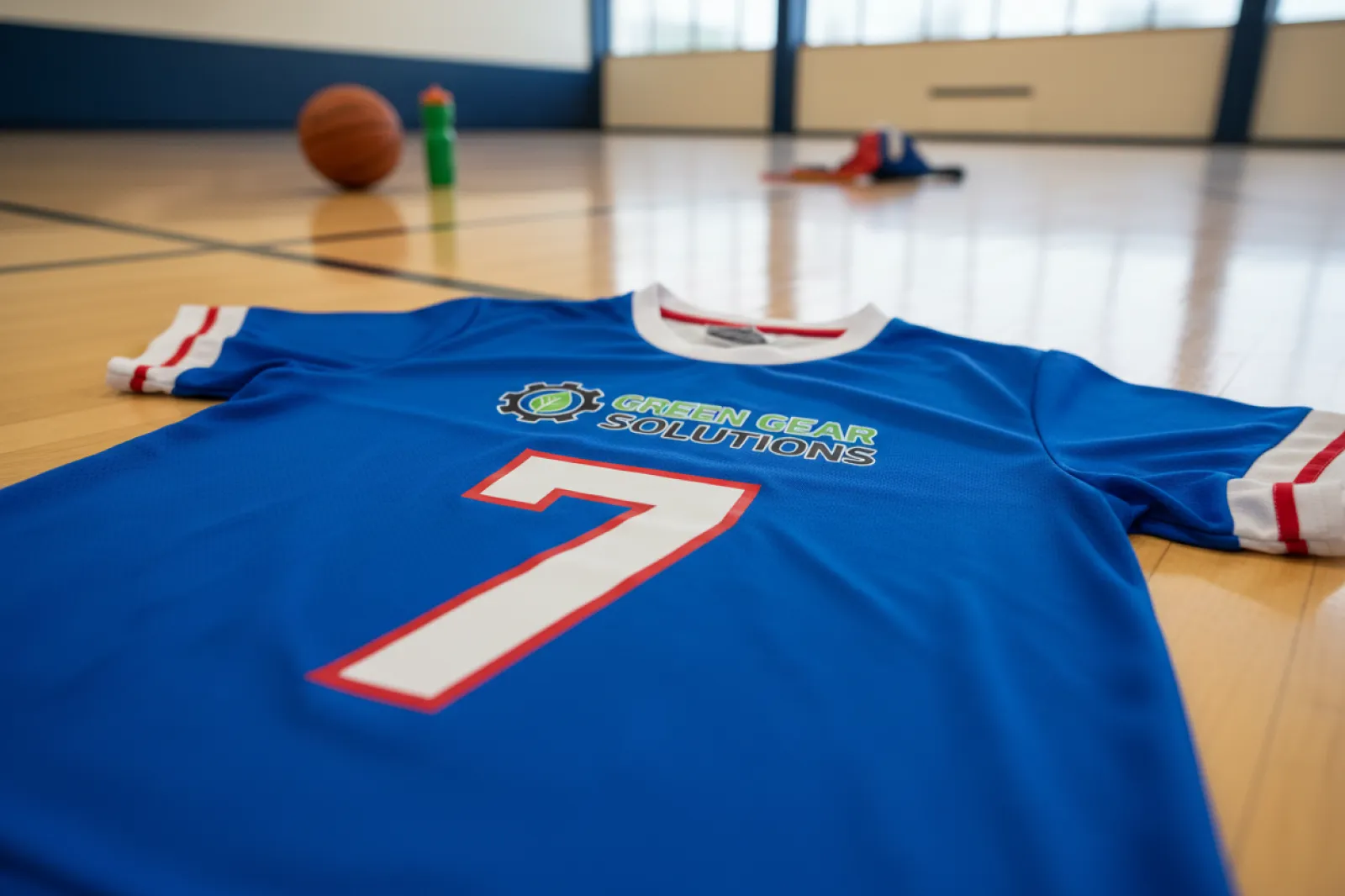 Sponsored youth sports jersey with a company logo on a gymnasium floor.